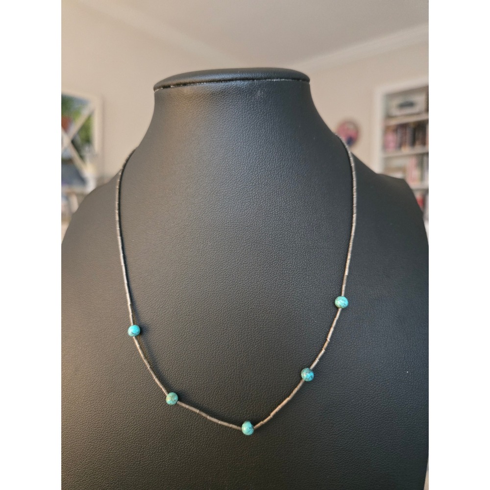 Liquid Silver Turquoise Bead Necklace Southwestern Sterling Heishe 16in Vintage